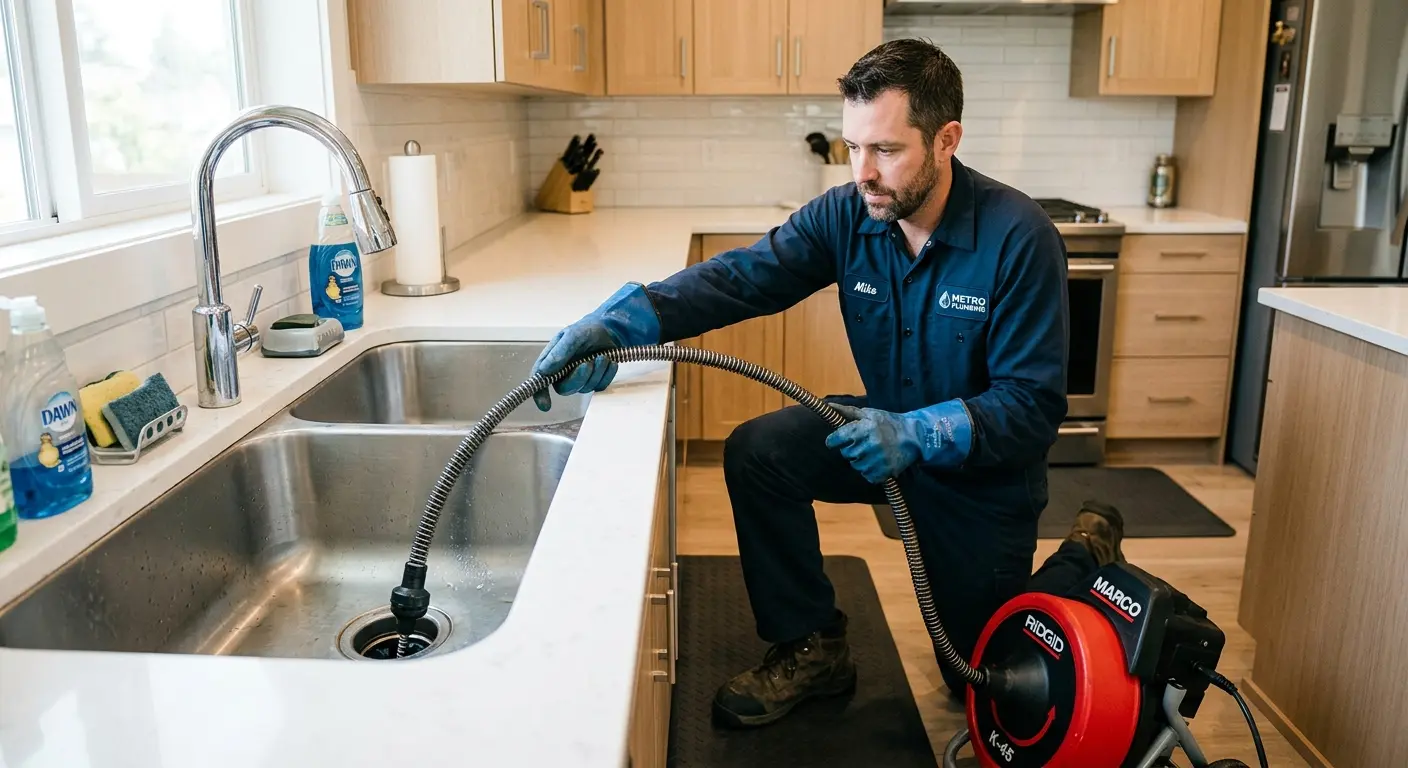 Drain cleaning technician using a motorized snake on a kitchen sink in Auburn