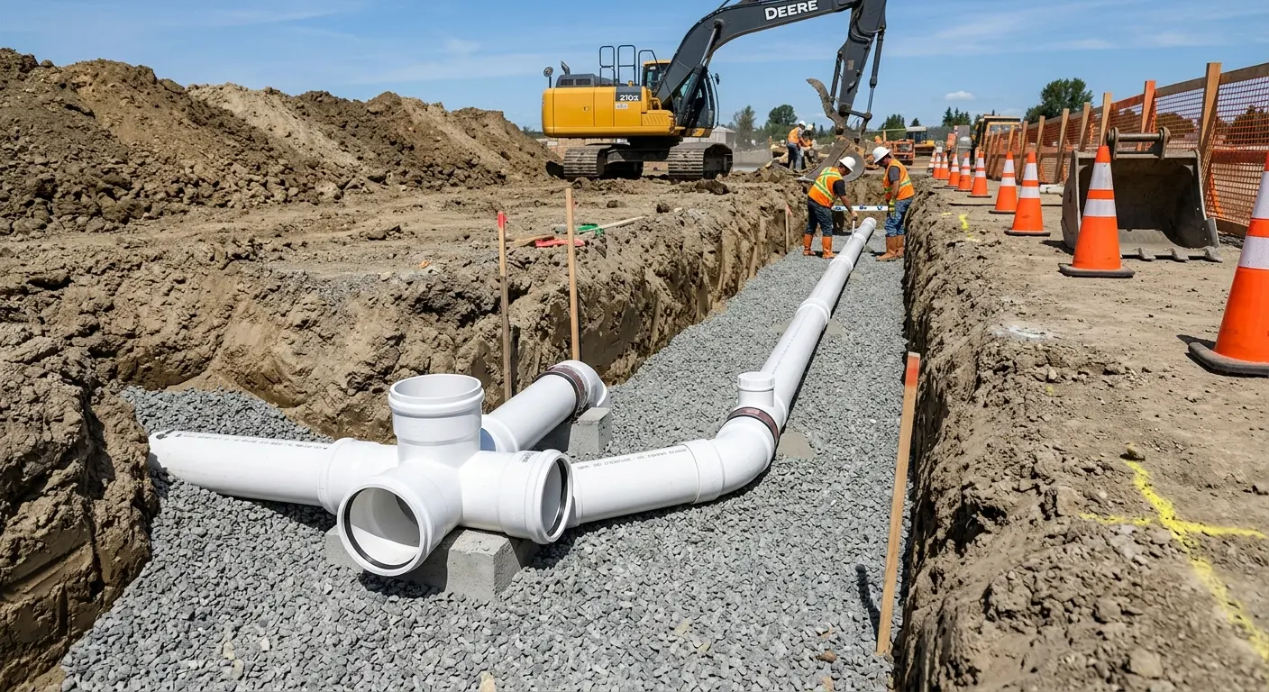 New PVC sewer pipe installation in open trench for Commercial Drain Cleaning in Auburn