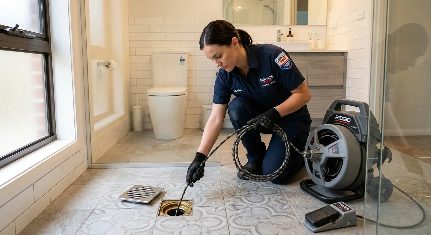 Technician clearing a bathroom floor drain for Sewer Line Replacement in Auburn